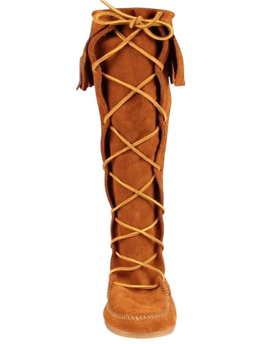 Minnetonka Women's 7 India Brown Suede Fringe Knee-High Lace-Up Moccasin Boots